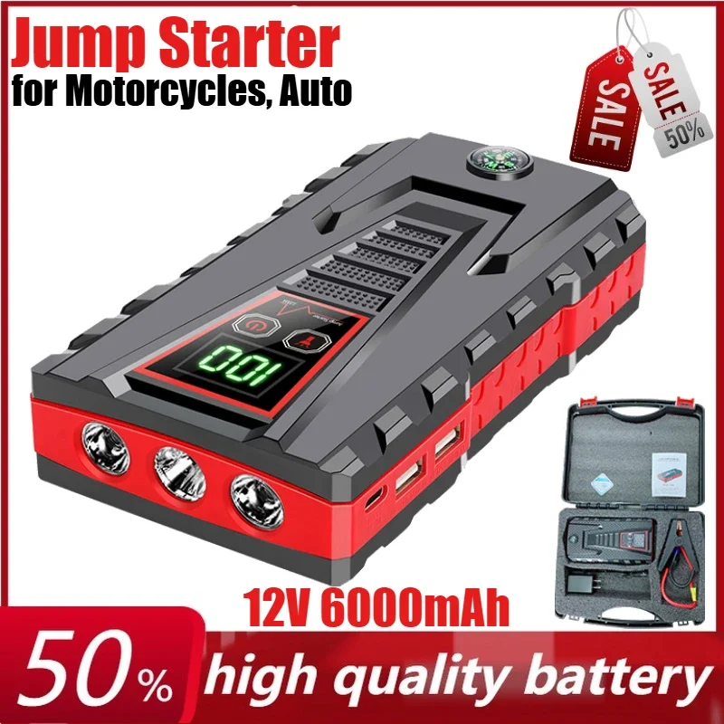 

12V 6000mAh Portable Car Jump Starter Car Mounted Inflation Pump Starter Booster Rechargeable Battery for Motorcycles, Auto