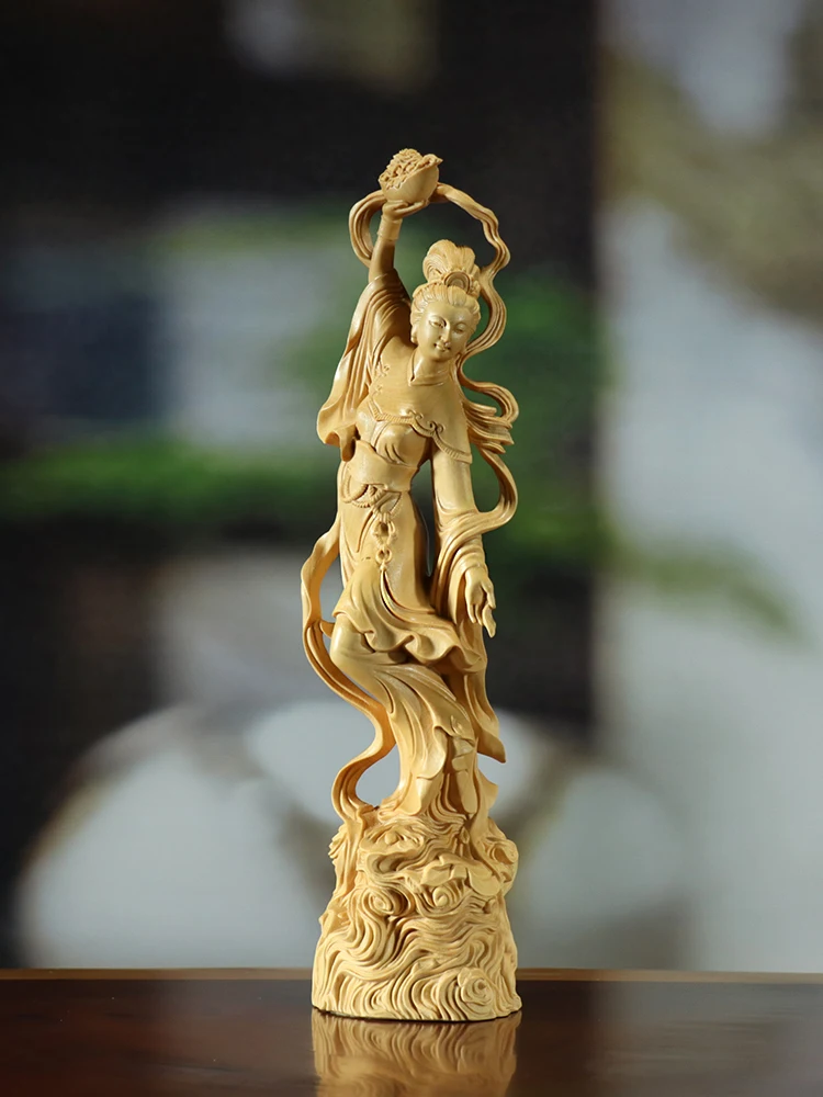 XS517- 26CM Beautiful Fairy with Flowers Boxwood Sculpture Feng Shui Wood Carving Beauty Girl Statue Collection Ornaments