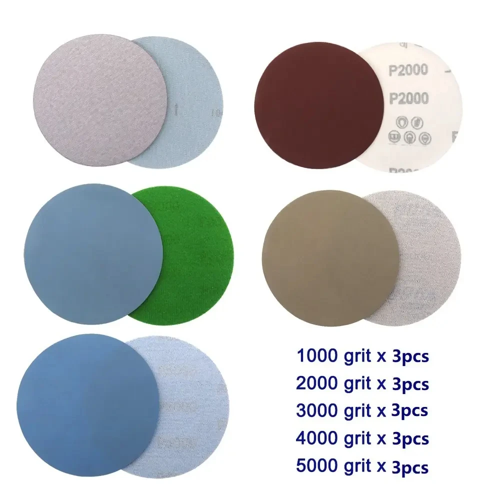 15pcs 125mm Inches Grit 1000 2000 3000 4000 5000 Sanding Discs Hook Loop Sandpaper Round Disk