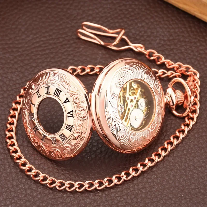 Vintage Rose Gold Roman Number Cover Men Women Handwinding Mechanical Pocket Watch Skeleton Dial with Pendant Fob Chain Gift