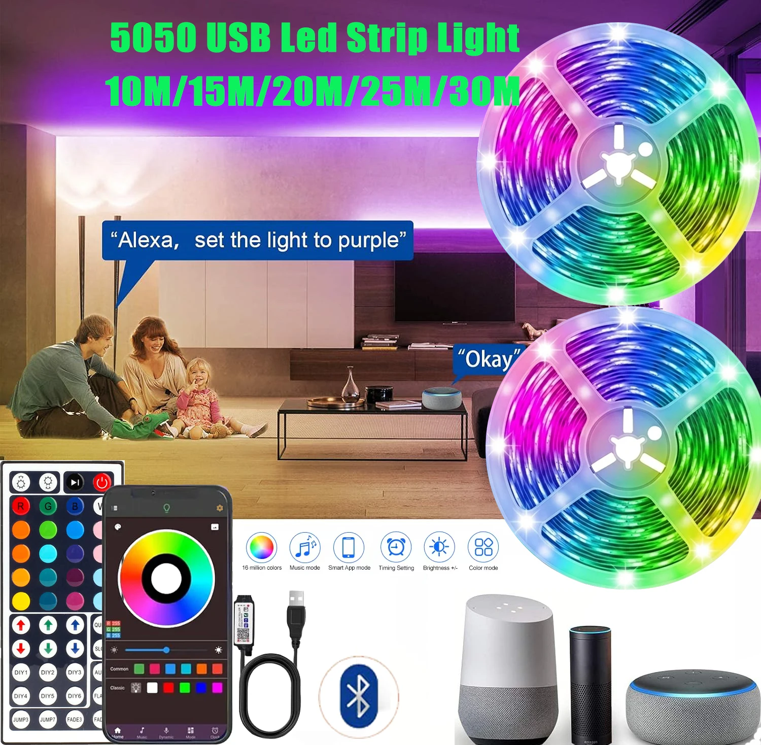 Led Strips Lights For Room Smart Wifi Led Strip Alexa 5050 Rgb Led Tape Strips 5m 10m 15m 30m Music Sync Gaming Room Decoration