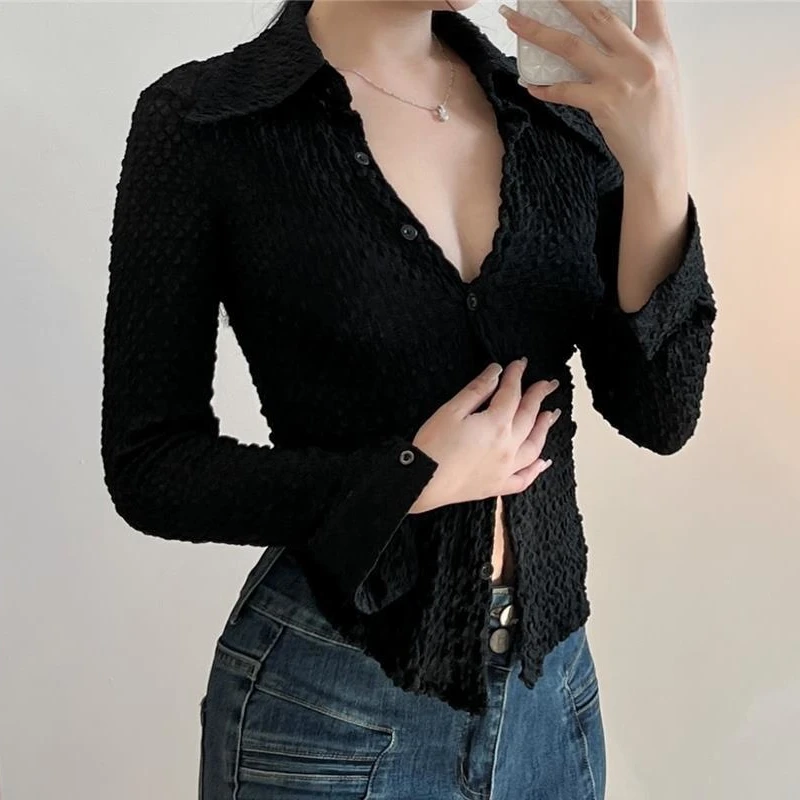 

Y2k Vintage Black Shirt Button Long Sleeve Slim Fit Crop Top Elegant Lady Retro Sexy Blouses Women Clothing