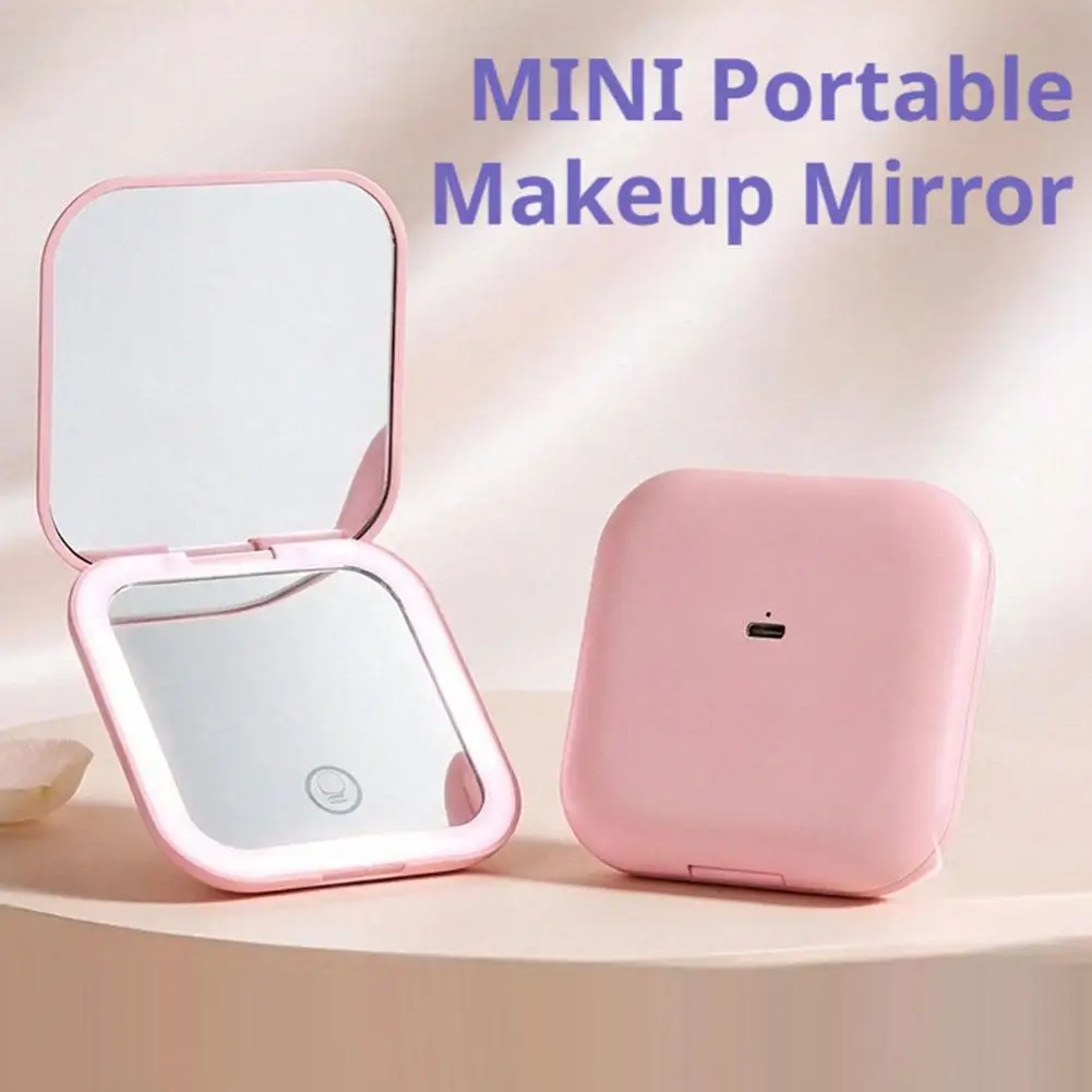 Portable Folding LED Makeup Mirror Rechargeable Handheld Mirror With 2X Magnification Pink Dual-Sided LED Lighted Makeup Mirror