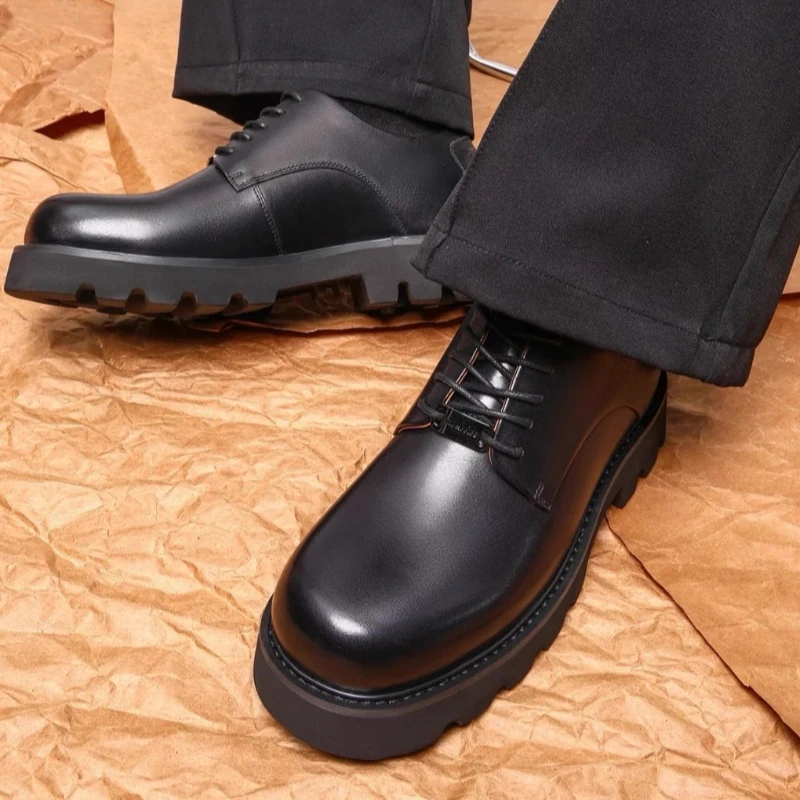 England Retro Dress Shoes for Men's Genuine Leather Thick Platform Height Increasing Shoe Comfortable Casual Banquet Derby Shoes