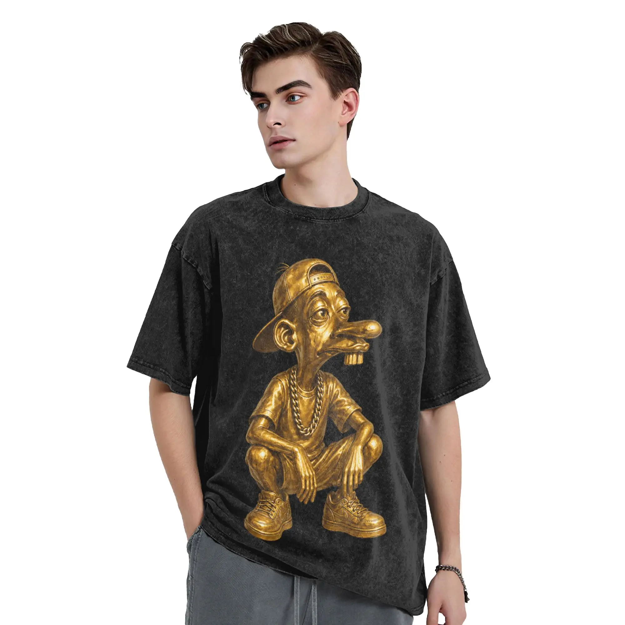 Gen Internet Meme Neegy Hip Hop Urban Squat Pose Washed T Shirt Streetwear Vintage T-Shirt  Tee Shirt Men Women Cotton Oversize