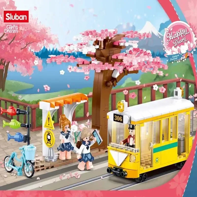 Sakura Tree Tram Station importer décennie ks, Bus, Train Platform, City View Model Bricks Set with Figures, Kids DIY Toys Gifts, 347PCs