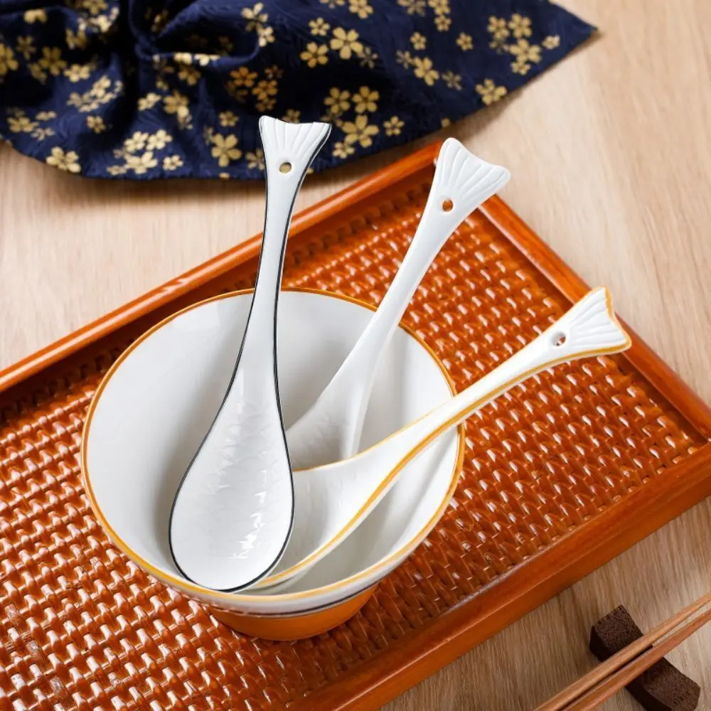 New Japanese Style Long Handled Soup Spoon Tableware Household Kitchen Porridge Spoon High-quality Ceramics Fish Shaped Spoon