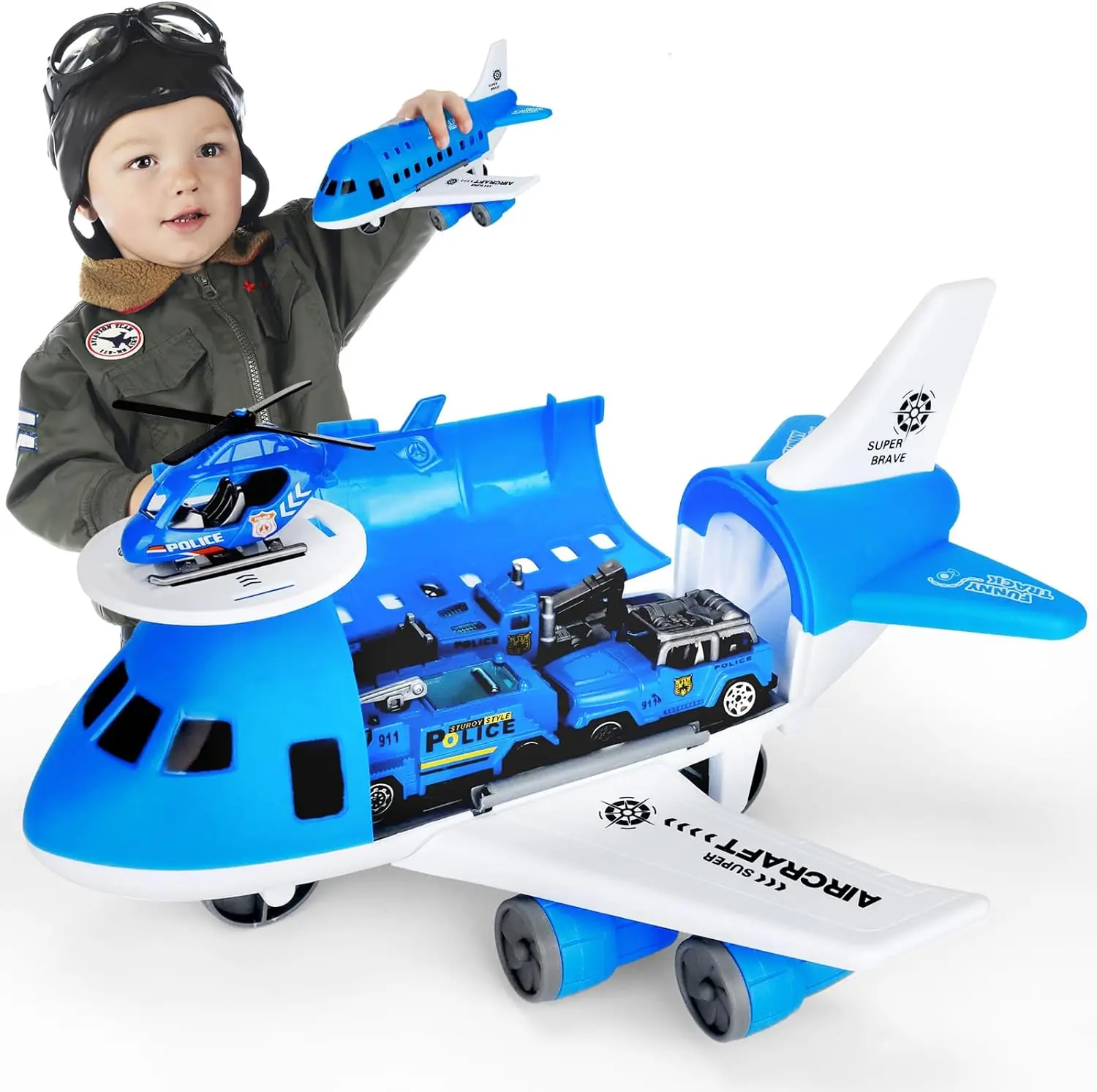 5EN1 toy airplane, transport plane with 3 mini cars and 1 mini helicopter, education vehicle