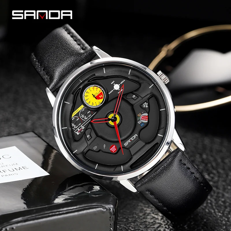 

SANDA P1085 Fashion Men's Watch Innovative Skeleton Car Steering Wheel Waterproof Stainless Steel Chronograph Quartz Wristwatch