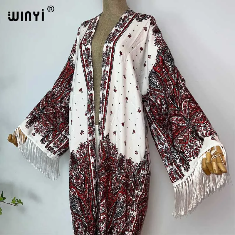 Letnie modny nadruk damskie WINYI luźne frędzle długa sukienka elegancka impreza Boho maxi wakacje na plaży futerał do pływania kimona