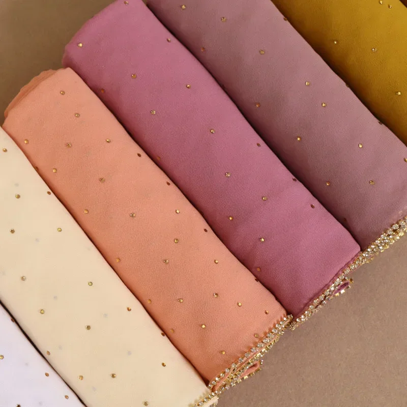 Hijab de chiffon com corrente de pérola de luxo – lenço muçulmano aparado com strass, xale de oração elegante de cor sólida para mulheres