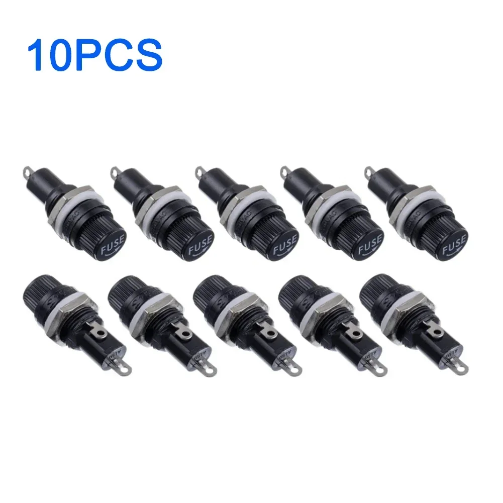 10PCS Panel Mount Chassis Fuse Holder For 5x20mm Glass Fuses 10A 250V Black High Temperature Resistant Copper Nut Electrical