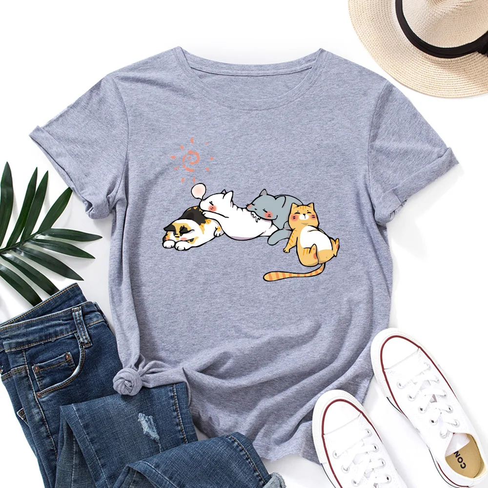 JFUNCY-Camiseta estampada gráfica para gato adormecido feminino, camiseta de algodão, camiseta solta, manga curta, blusa feminina, verão