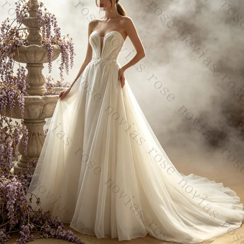 Customized Strapless Deep V Pleated Bodice Tulle A Line Wedding Dress Beaded Appliques Royal Train Romantic Outdoor Bridal Gown