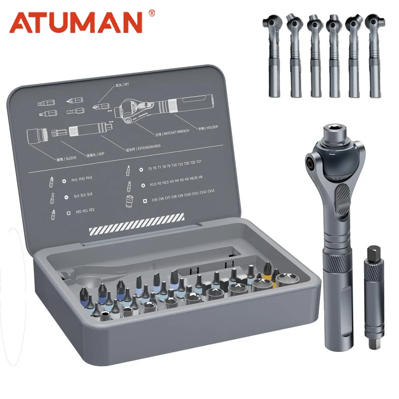 ATUMAN RS2 180° Rotating Head Ratchet Wrench Set  40 in 1 1/4" Drive Socket Set with Quick-Release, 28 S2 Bits & 9 CR-V Sockets