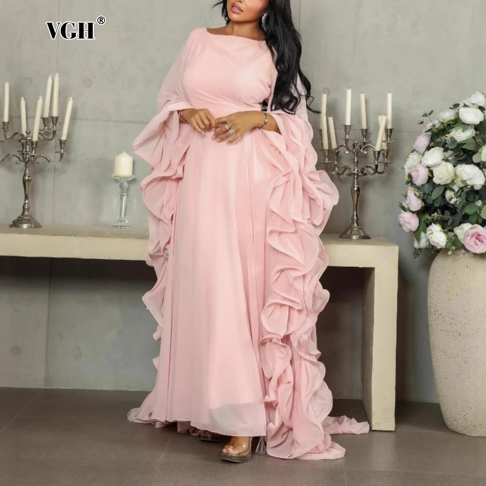 VGH Abiti lunghi sexy di lusso a sbuffo per le donne O collo manica lunga Patchowrk volant vita alta abito da sera trasparente primavera femminile