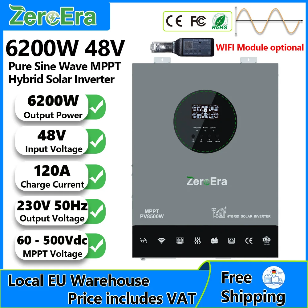 ZeroEra 48V 6200W Inverter Solare Ibrido a Onda Sinusoidale Pura per 220V 230V 50Hz Inverter AC Funzionamento Senza Batteria Off-Grid On-Grid con MPPT 120A Integrato Monitoraggio Remoto tramite APP