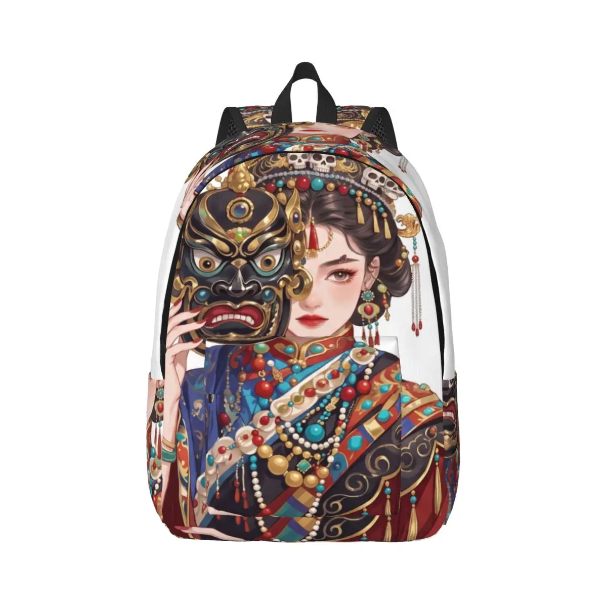 Dark Punk Printed Backpack Center Traditional Mask Ornate Illustration Deep Red Gold Black White Edgy Daypack for School Work