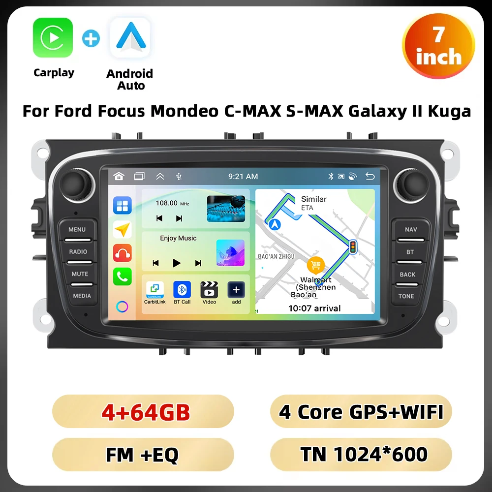 Podofo 7 ''Android Multimedia Speler Voor Ford Focus Mondeo C-MAX S-MAX Galaxy Ii Kuga Gps Navigatie 2 64G Carplay Android Auto