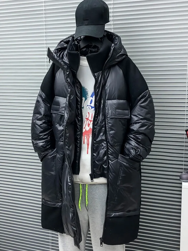 Winter Men Loose Fit Hooded Long Down Jacket Oversized Thick Warm Overcoat Fashion Spliced Multi Pockets Coat Casual Windbreaker