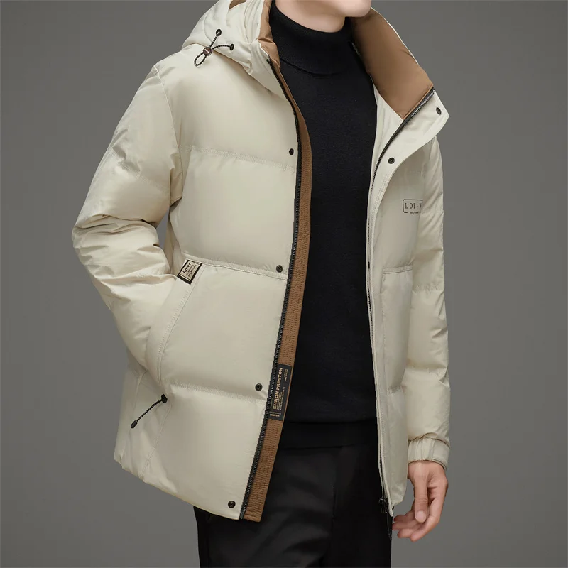 Winter Men Black Beige Puffer Parkas Thermal Thick Hooded Coat Male Casual Cosy Outerwear White Down Puff Overcoat Male Outfits