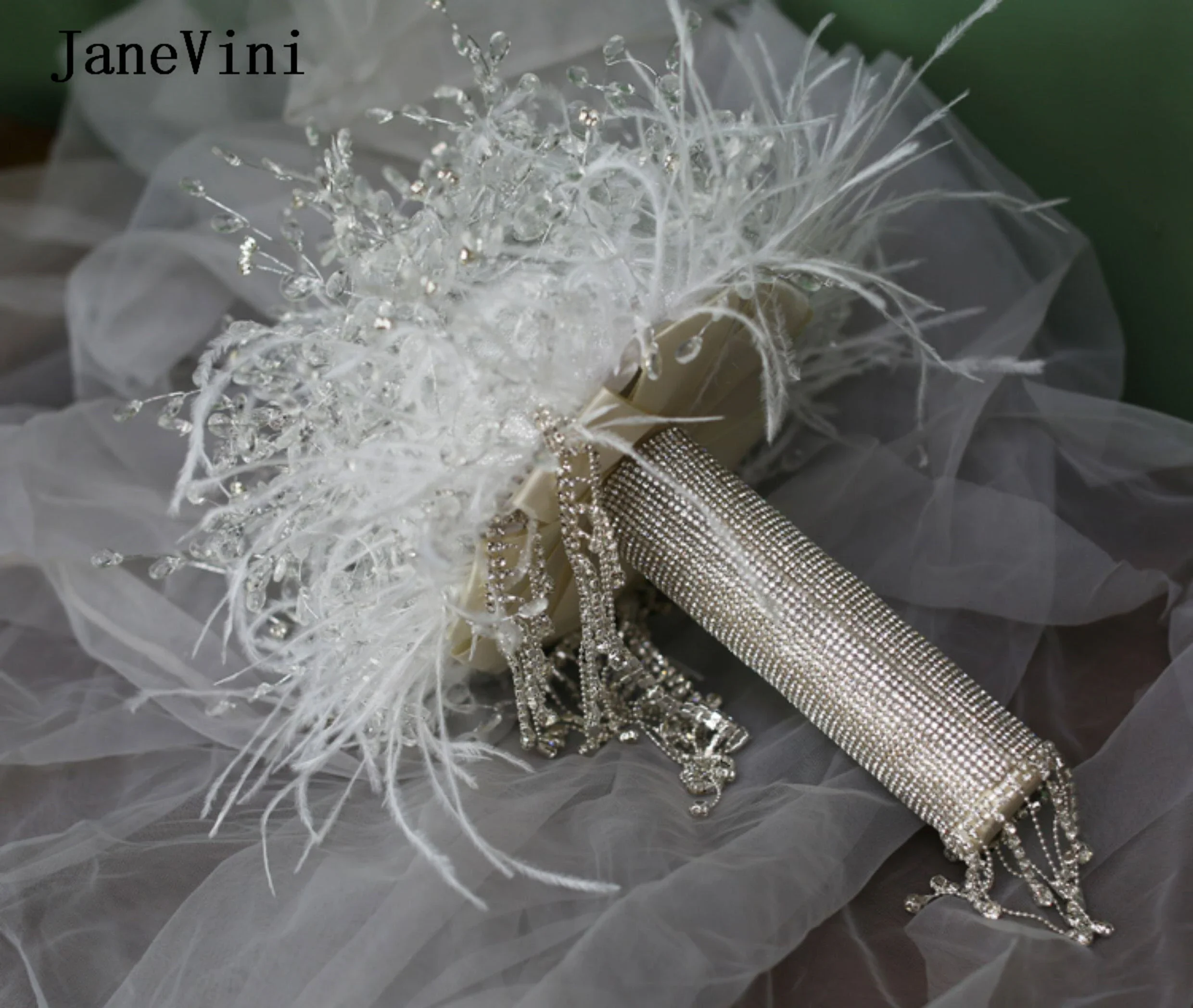 

JaneVini Sparkly Silver Crystal Feathers Wedding Bouquets for Bride Luxury Rhinestone Bridal Handheld Flowers Accessories Buque