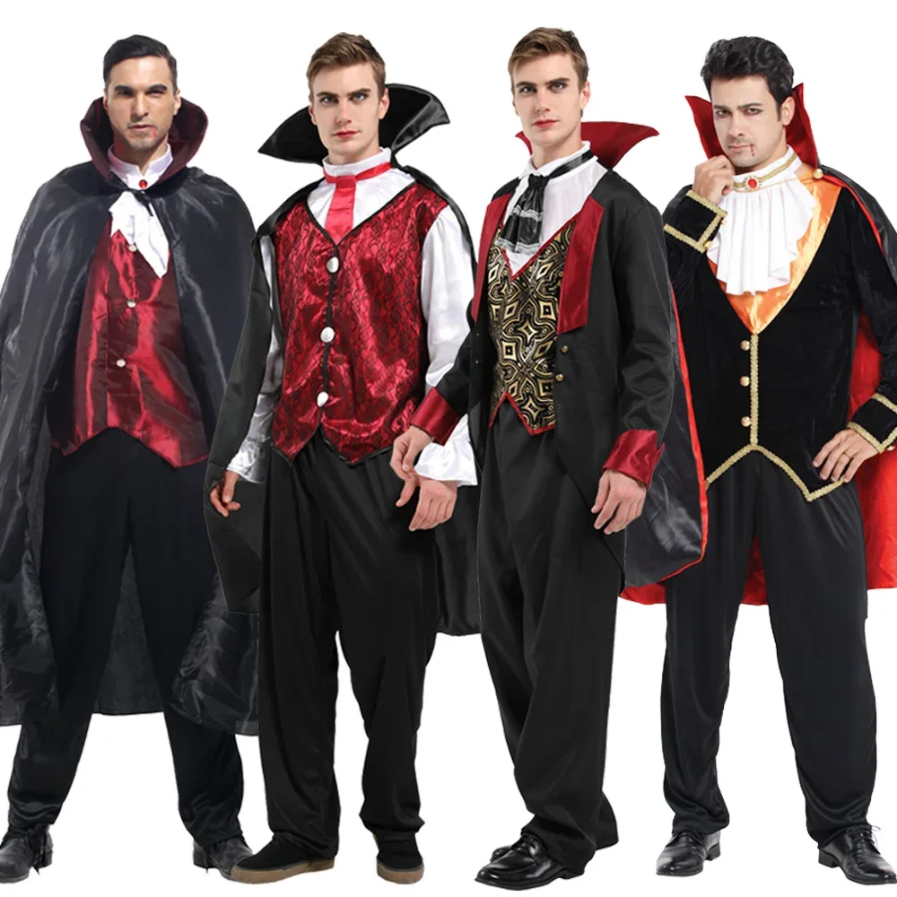 

Halloween Male Medieval Vampire Cosplay Costume with Shirt Pants Vest Cloak Carnival Party Devil Dress Up