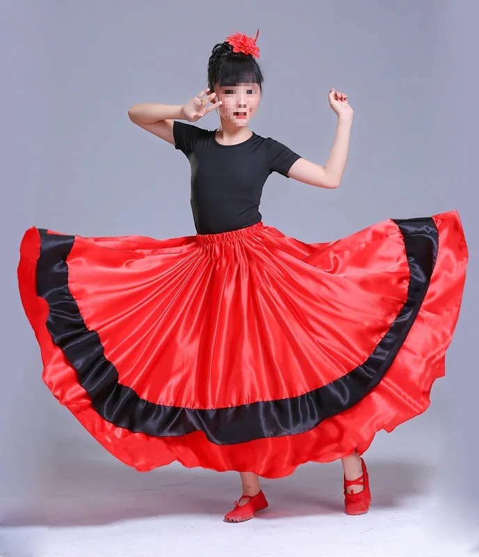 Kid Girls Gypsy Spanish Flamenco Skirt Satin Smooth Big Swing Carnival Party Ballroom Belly Dance Festival Stage Dress