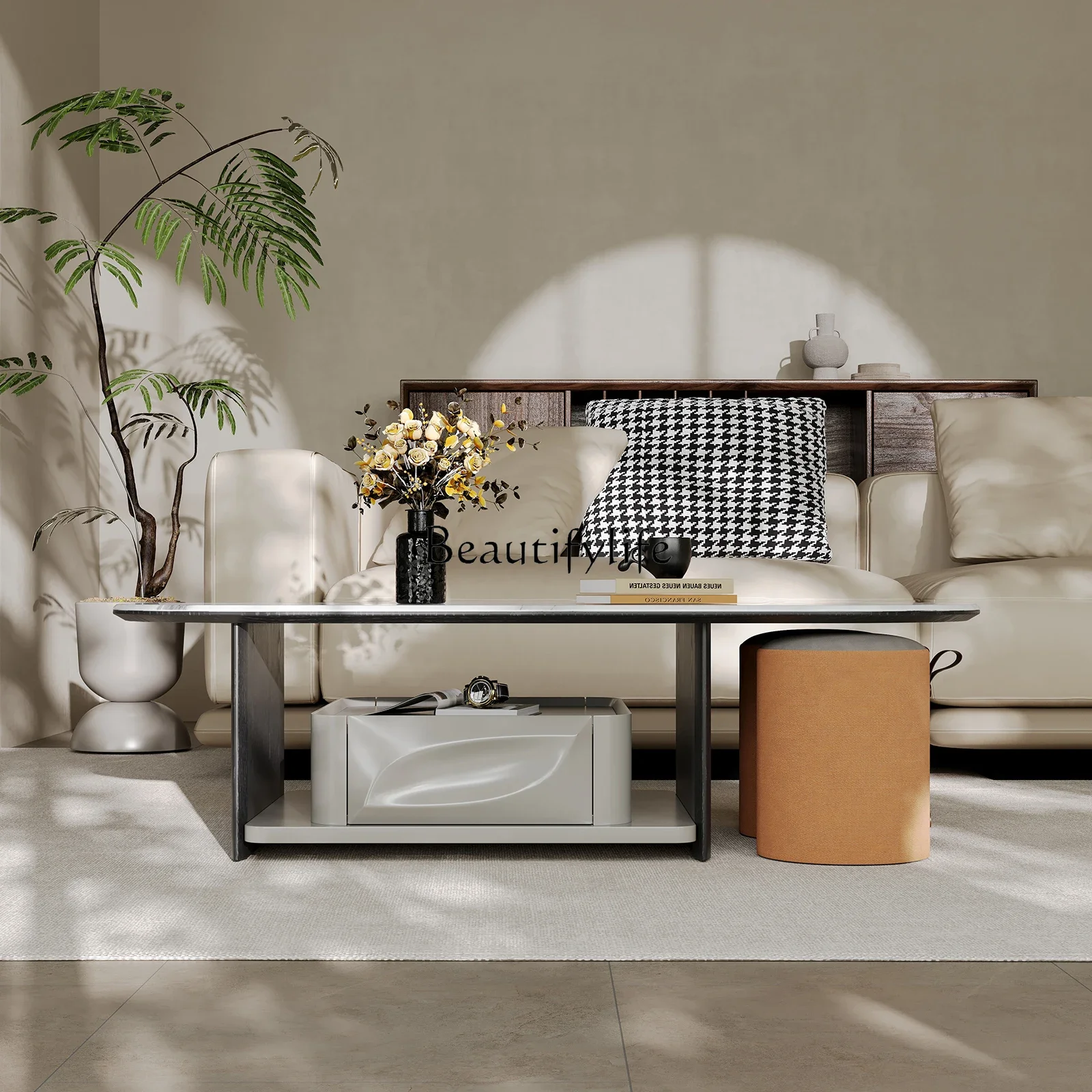 

yj32 Wabi sand wind microcrystalline stone coffee table living room tea table oval modern simplicity