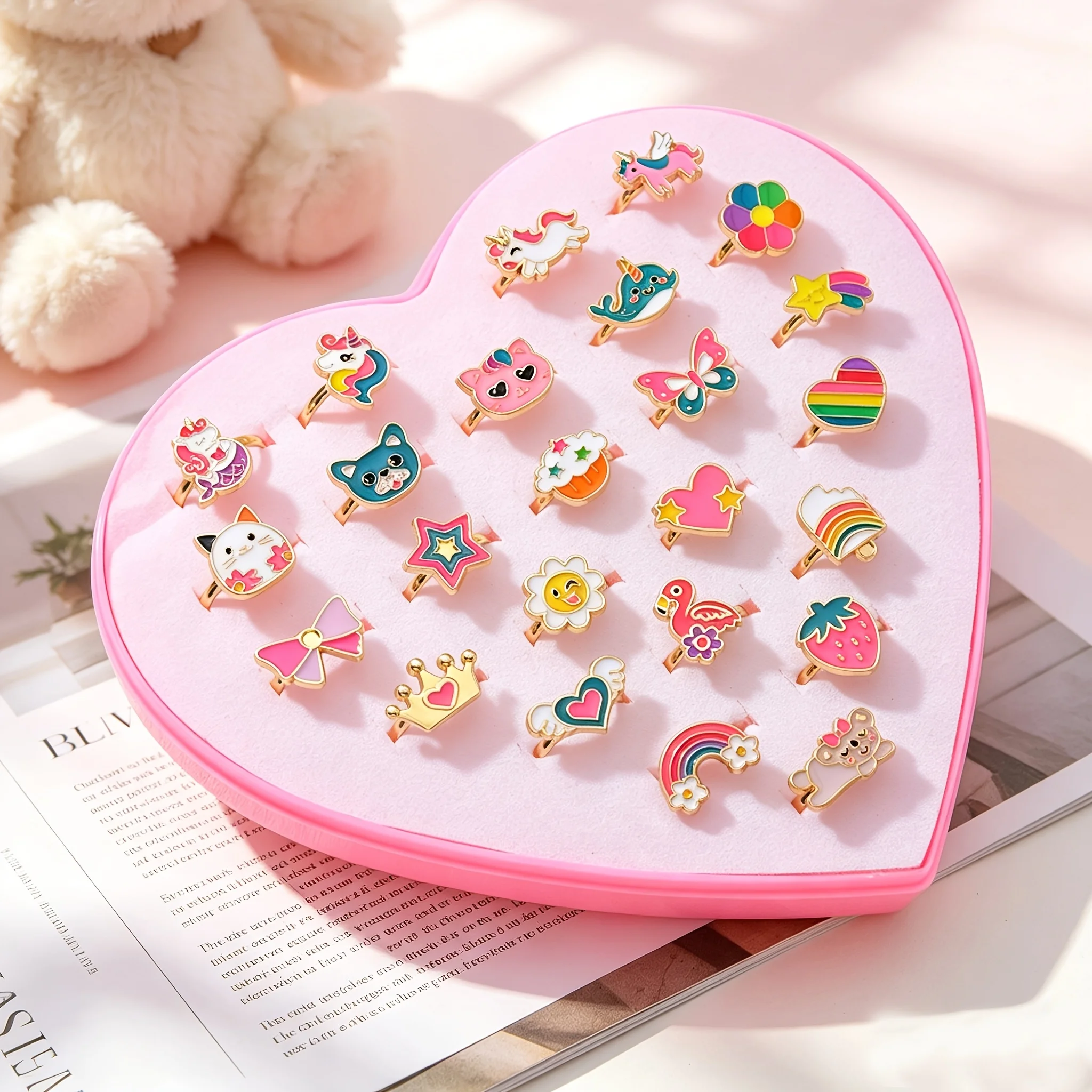 24-Piece Adjustable Ring Set Enamel Unicorn Cat Rainbow Strawberry Bow Flamingo Crown Star Open Rings with Heart-Shaped Gift Box Little Girl Princess Dress-Up Jewelry Birthday Party Gift Toy