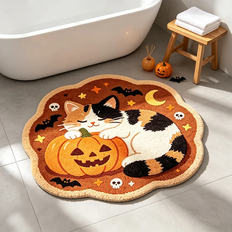 VIKAMA Halloween Round Cat Pumpkin Rug Soft Flannel Non‑slip Floor Mat Bat Skull Moon Carpet For Bedroom Holiday Home Decoration
