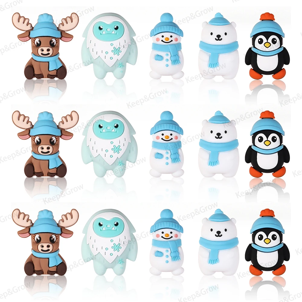 5/20/50Pcs Winter Theme 3D Silicone Beads Snowman Penguin Polar bear Elk Snow Monster Focal Beads DIY KeyChain Jewelry Making