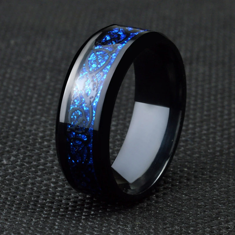 Anillos de dragón azul y negro de acero inoxidable 2020 para hombres y mujeres, banda de boda personalizada con nombre grabado, regalo masculino