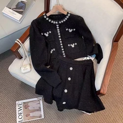 Black Knitted Heavy Work Set Women's Fashion Autumn Collection Skirt And Jacket Two Piece Suit Young Modern Ladies Style