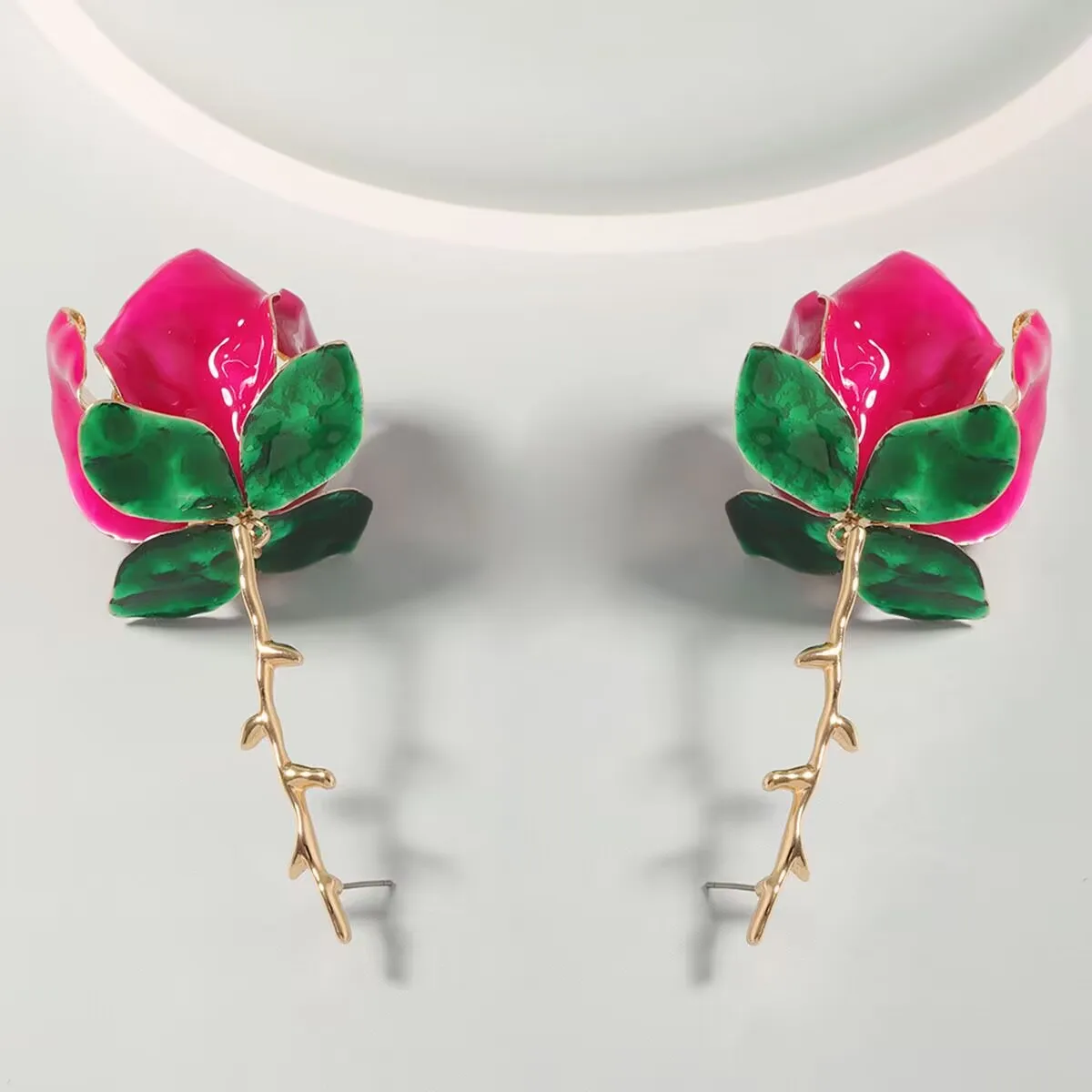 Vedawas Artistic 3D Rose Drop Earrings with Enamel Petals and Green Leaves for Elegant and Bohemian Women