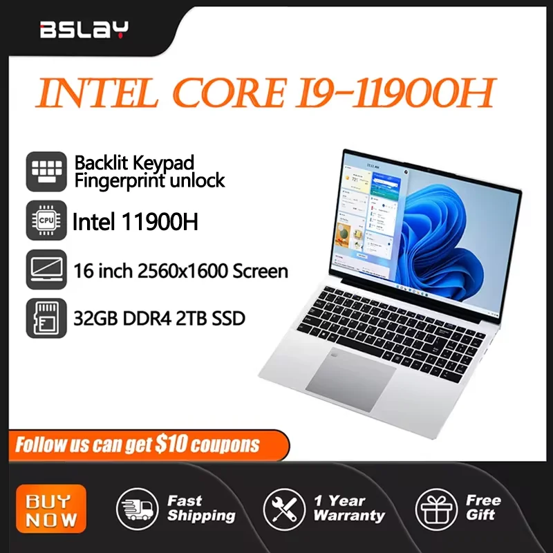 Laptop 16 Polegada intel core I9-11900H 32gb ram 2tb ssd ddr4 win11 desbloqueio de impressão digital 4.9 ghz wifi6 hdmi hd câmera computador pc