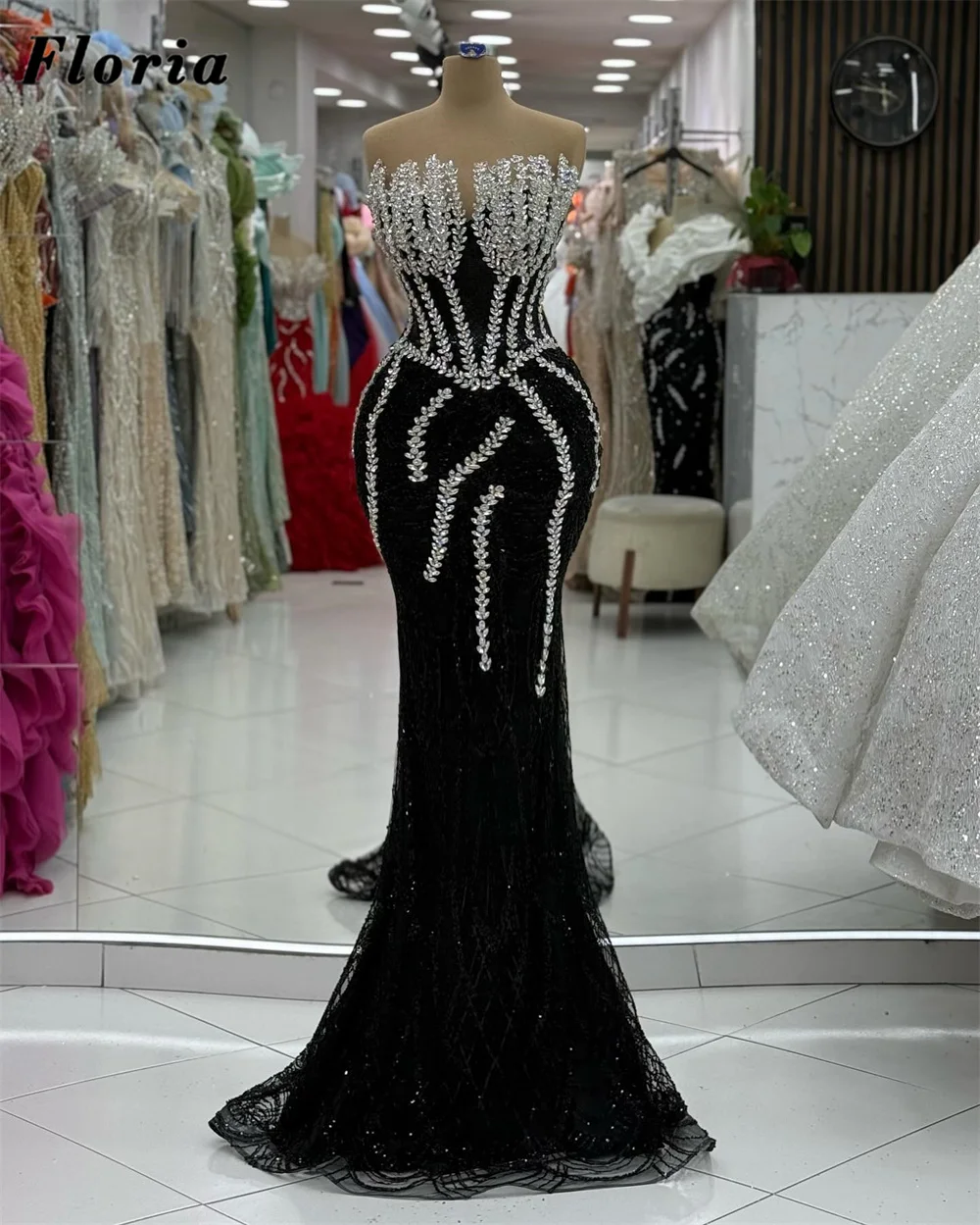 

Customized Black Mermaid Evening Dresses Sliver Beaded Crystals Birthday Party Dress Vintage Female Engagement Cocktail Dress