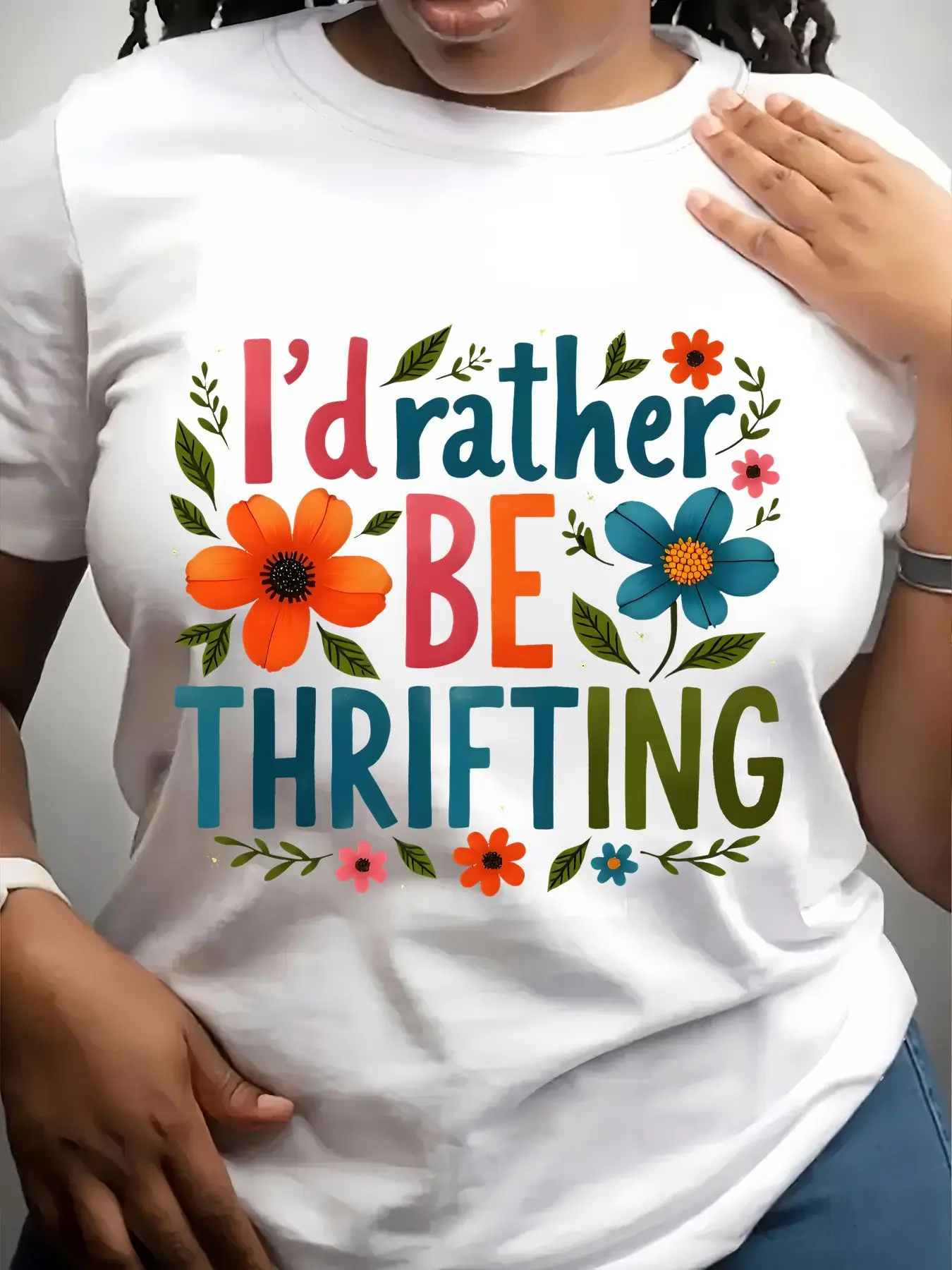 Women's Trendy Crew Neck T-Shirt I'D Rather Be Thrifting Floral Suitable for Casual Sportswear