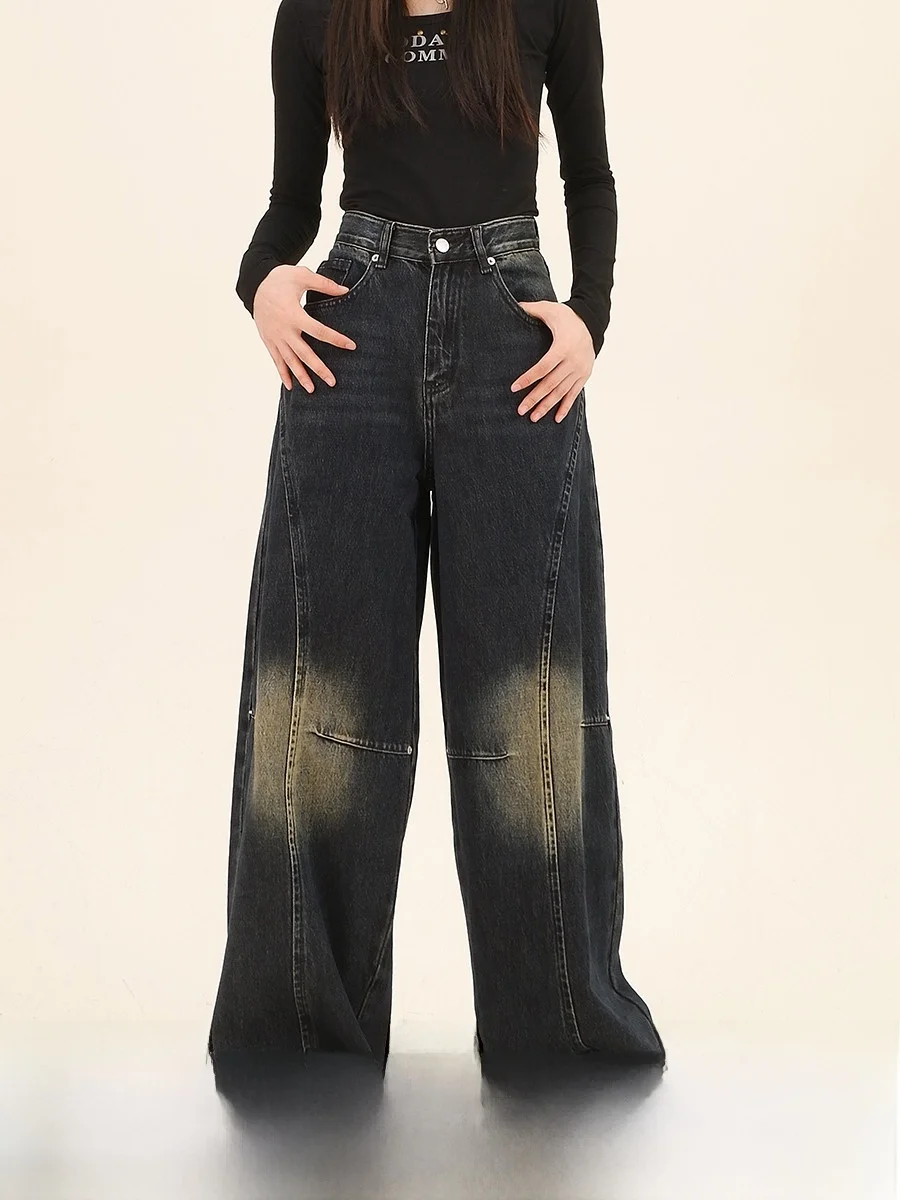 

Worn Look Wide Leg Jeans Loose Fit Women's Spring New Sle Patchwork American High Street Straight Cut Long Trousers