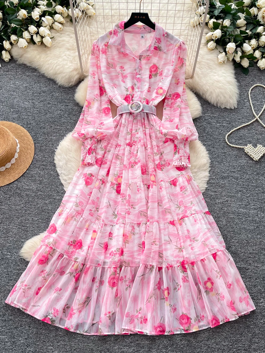 

Romantic Floral Print Long Dress Women's Spring Summer Gathered Waist Lantern Sleeve A-Line Skirt Holiday Style Maxi Dress