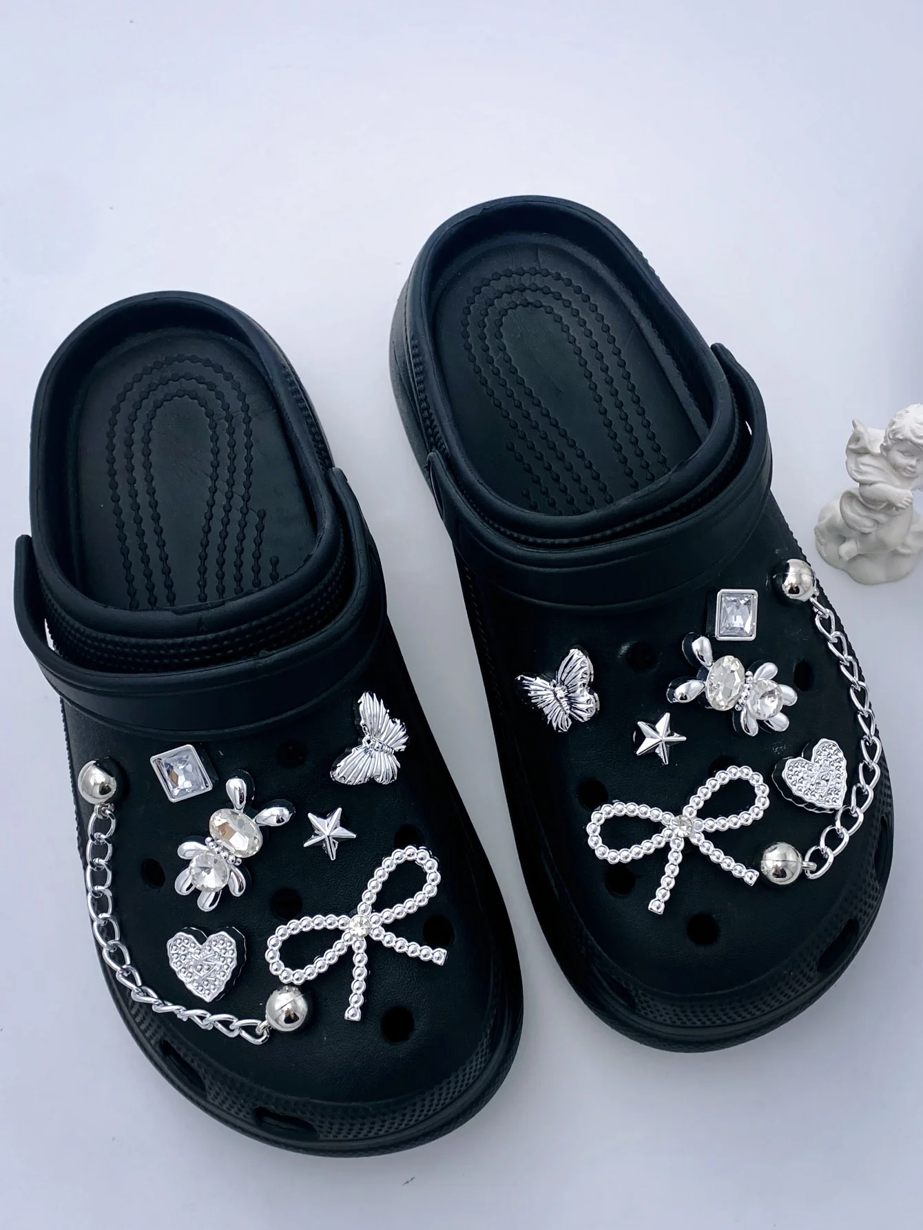 14 pieces of casual silver bow rabbit heart-shaped little butterfly five-pointed star chain ABS resin shoe buckles, DIY decorati