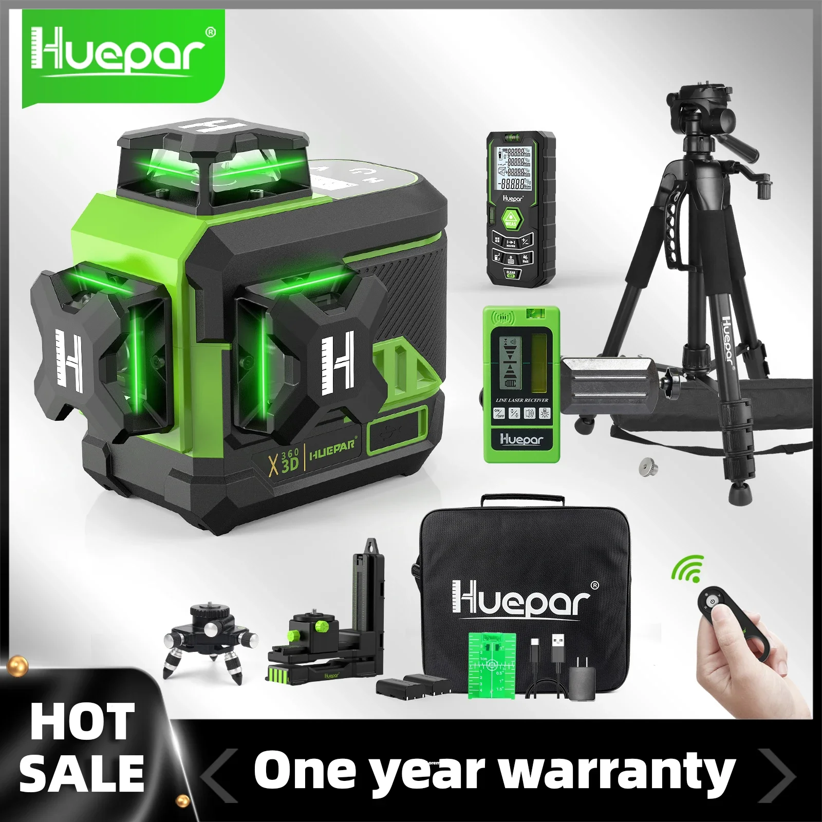 Nível Laser Huepar com Controle Remoto 3d Tela Lcd Bluetooth 12 Linhas 3×360 ° Auto Nivelamento Baterias Li-ion Z03cg