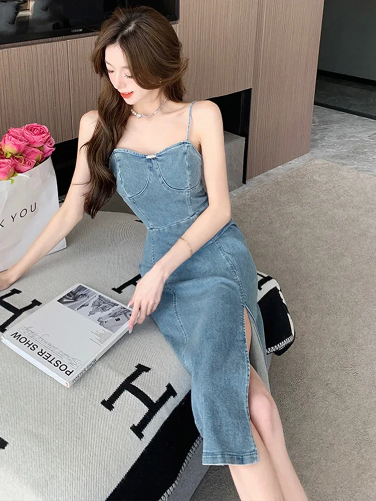 New Summer Women Slim Backless A-line Denim Slip Dress High Waist Mid Skirt Retro Sexy Club Jean Dresses Y2K Fashion Style