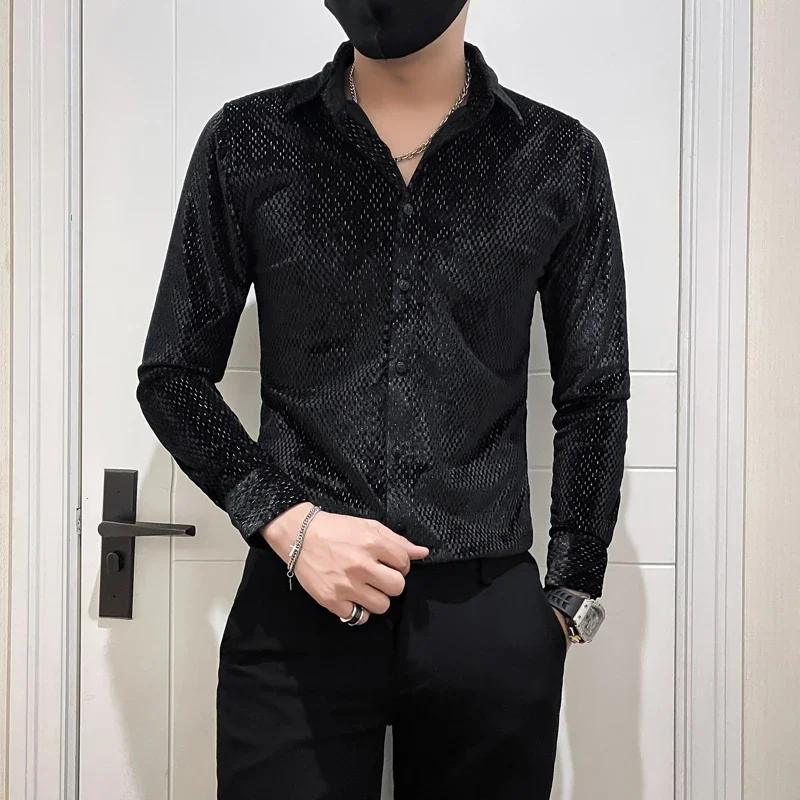 High-end Shiny Silver Wire Men Velvet Shirts Autumn Winter Luxury Korean Slim Men\'s Shirt Nightclub Prom Wear Elegant Tops Man