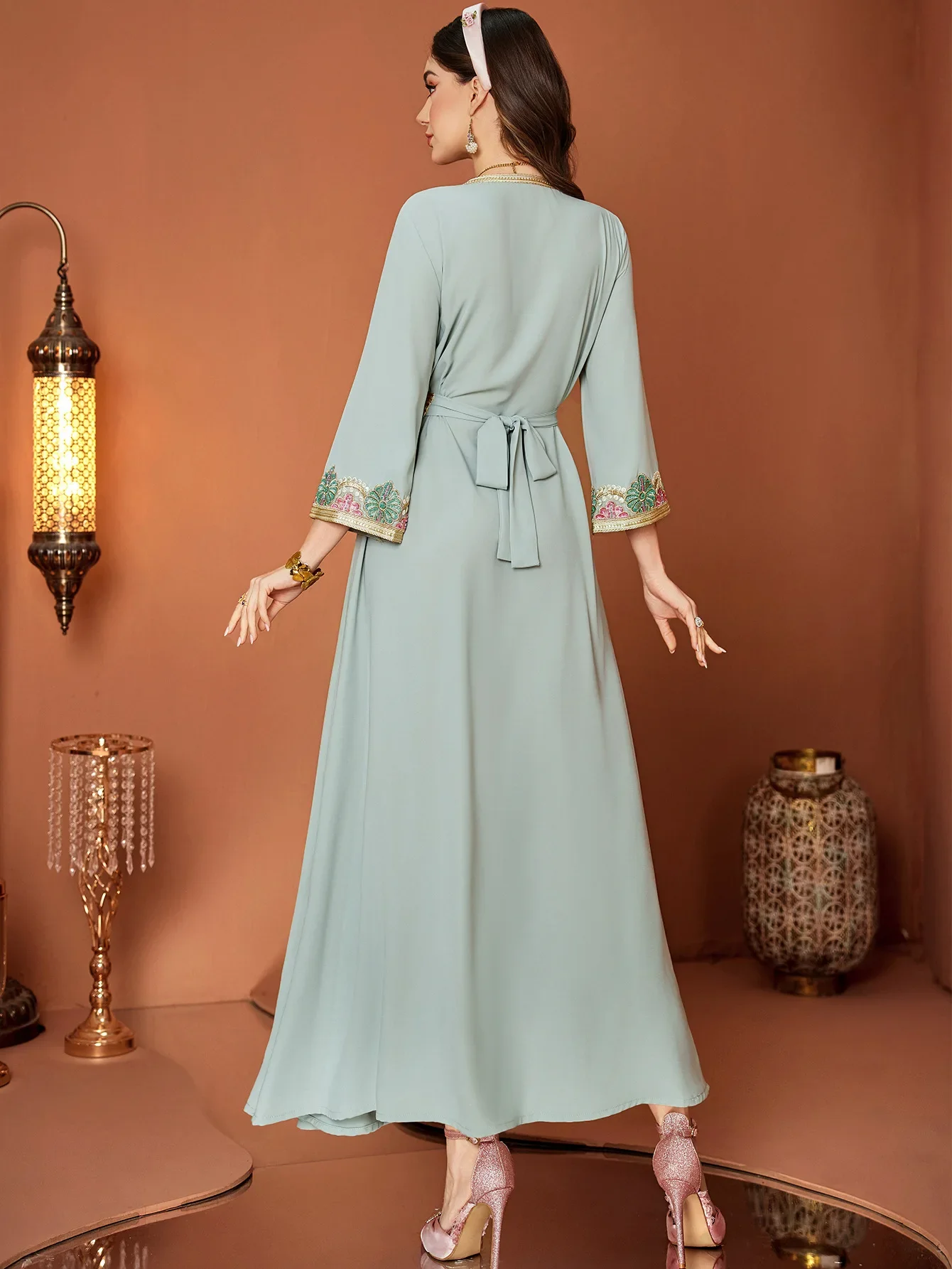 Eid มุสลิมชุดสตรี Abaya ลูกไม้ปลอม 2 ชิ้น V คอชุดยาว Vestidos Largos Party Caftan Jalabiya Ramadan ยาว Robe 2025