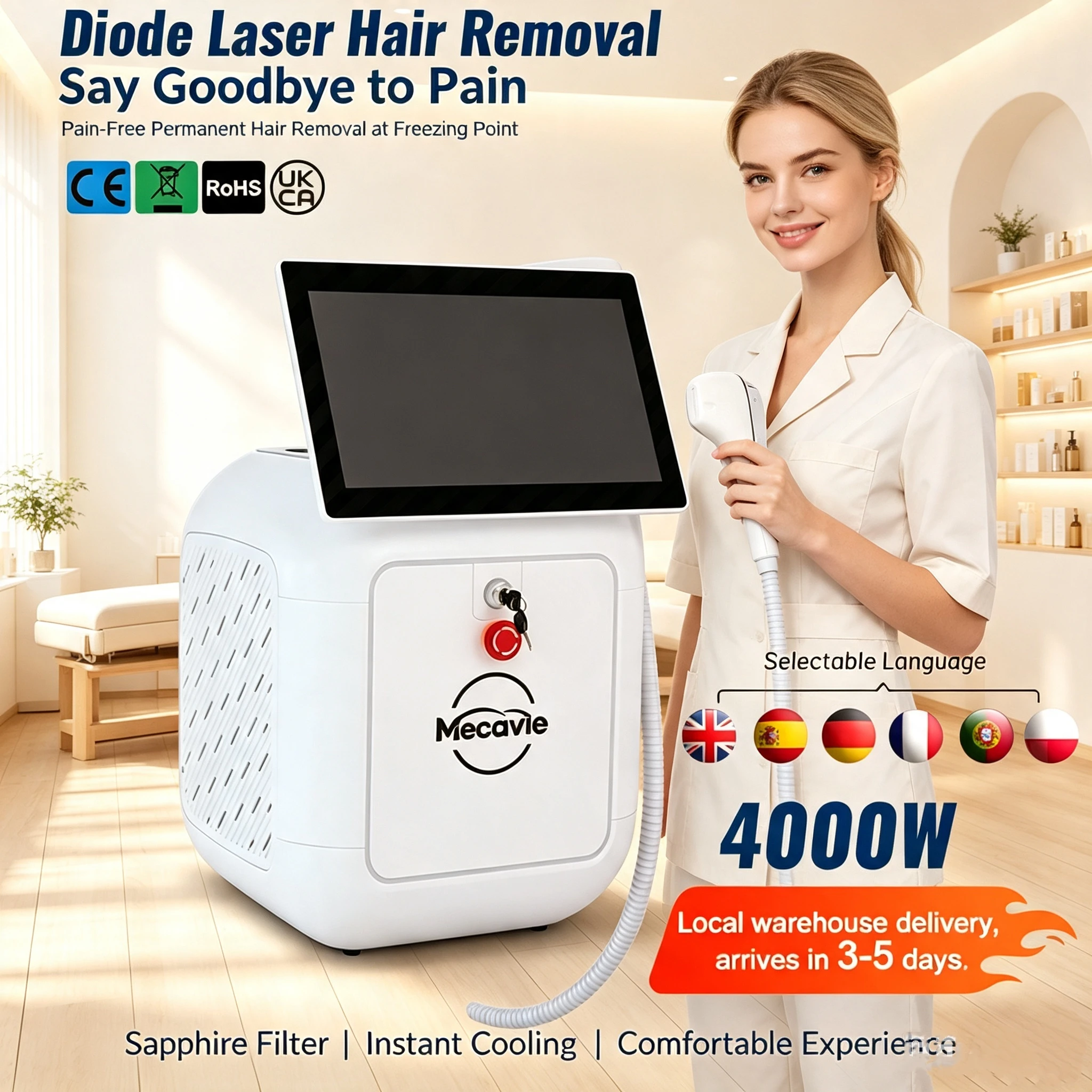 755/808/940/1064 Diode Laser Hair Removal Machine Sapphire Ice Cooling Painless Safe Depilation For Home Salon Daily Beauty Use