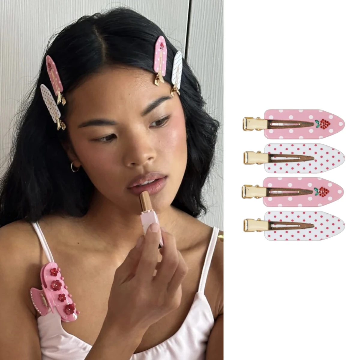 Sweet Pink White Polka Dot Hair Clips Duckbill Clips Set Strawberry Non-slip Bangs Hairpins Women Girls Makeup Hair Accessories