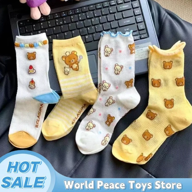 

Kawaii Japanese Rilakkuma Bear Socks Breathable Mesh Hollow Out Soft Medium Socks Cartoon Cute Versatile Fashionable Girls Socks