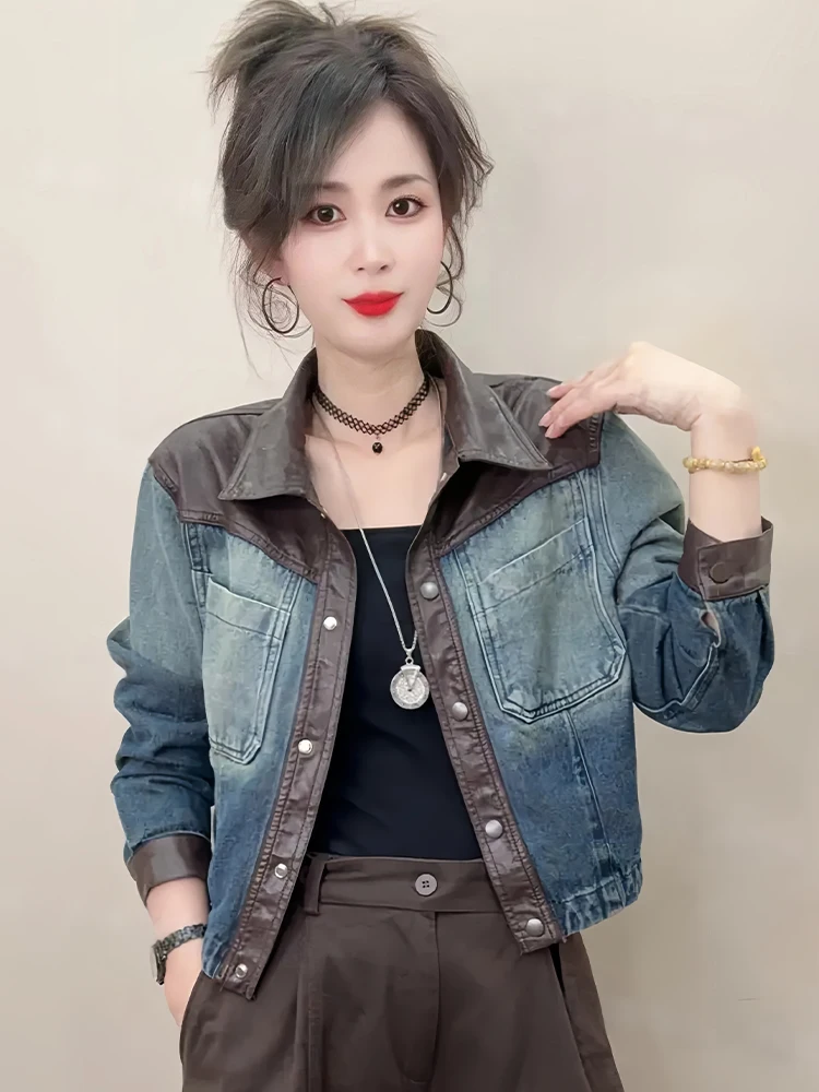 

Sli ort Denim Jaet Korean Sle Commute Women's Faion Retro Patchwork Top Ladies' Premium Quali Autumn New Arrival