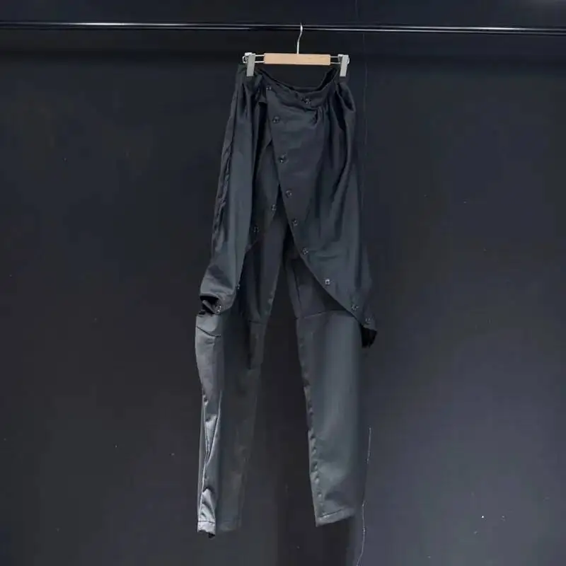 Niche Trend Male Casual Pants Personality Patchwork Design Straight-leg Loose Solid Color Curved Button Trousers XDE8